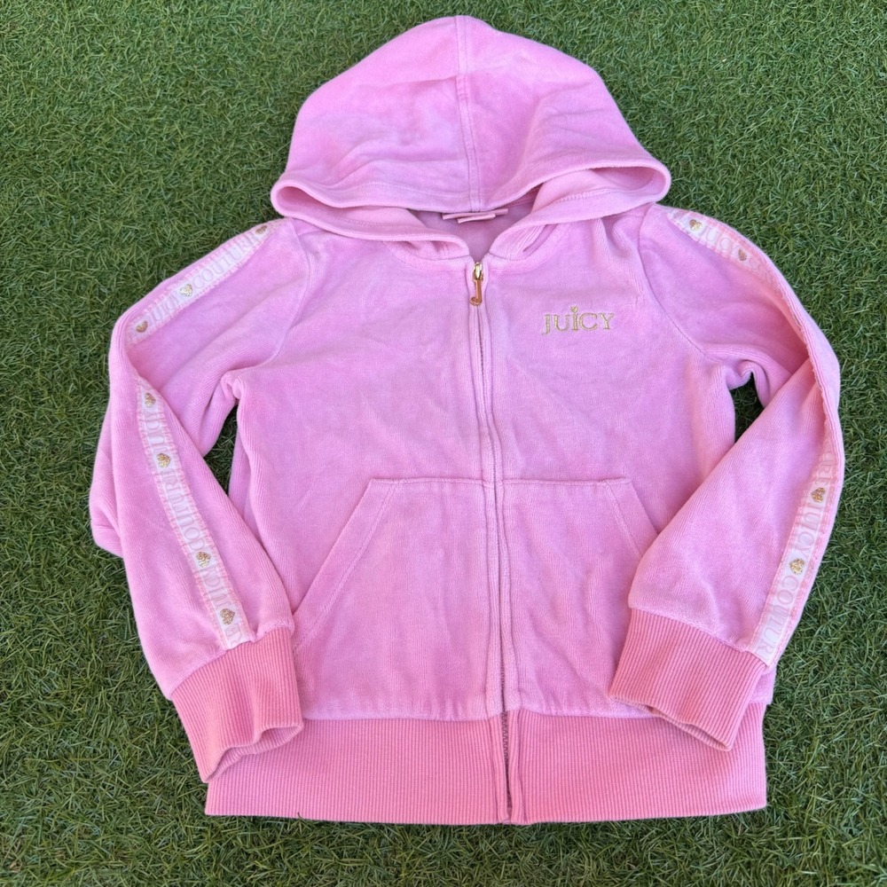 Vtg Juicy Couture Pink Velour Zip Up Hoodie Kids Size 5 Hearts Logo Preppy Glam